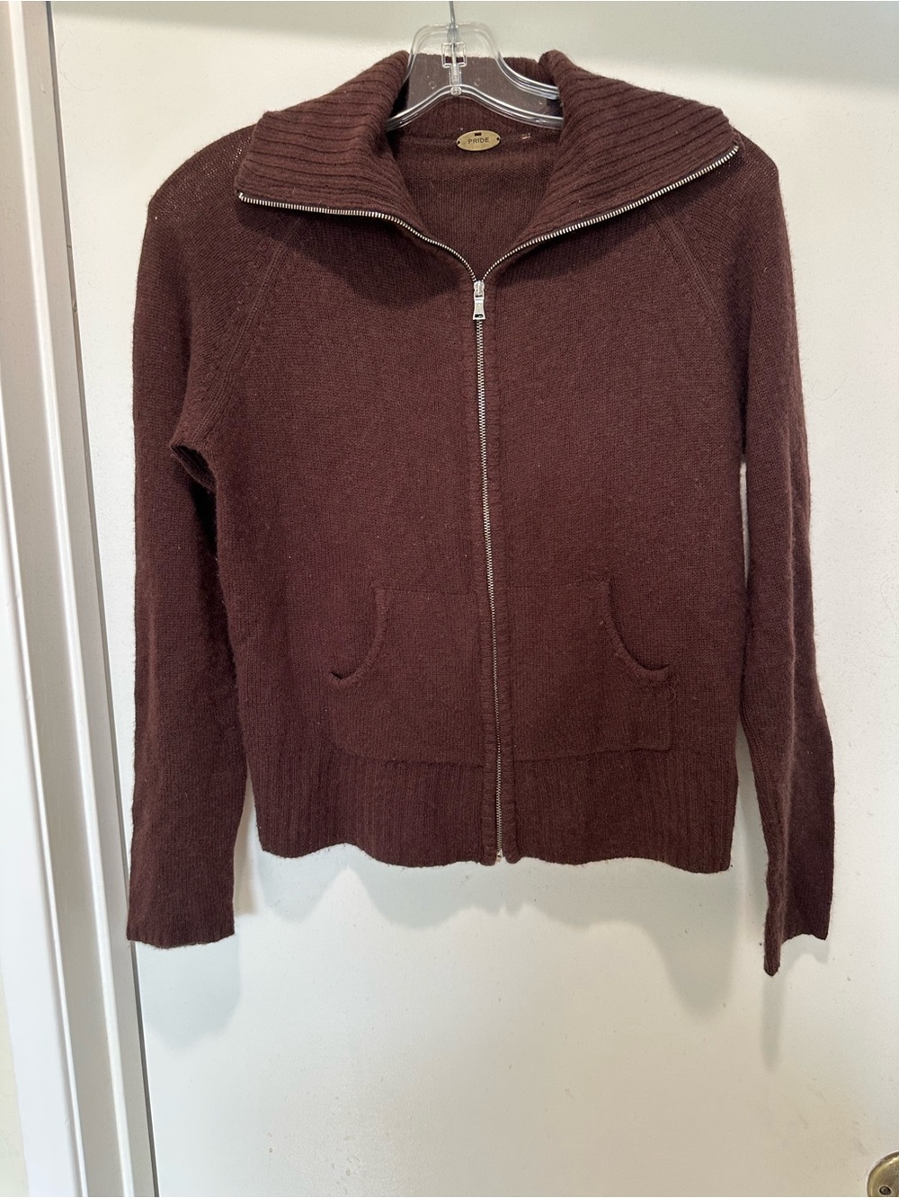 Pride Women's Brown Full-Zip Knit Cardigan 100% Cashmere w Ribbed Collar